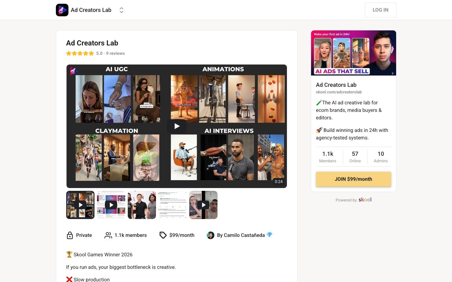 Ad Creators Lab Skool page showing 1.1k members, $99 per month and a 5.0 rating from 9 reviews under Camilo Castaneda