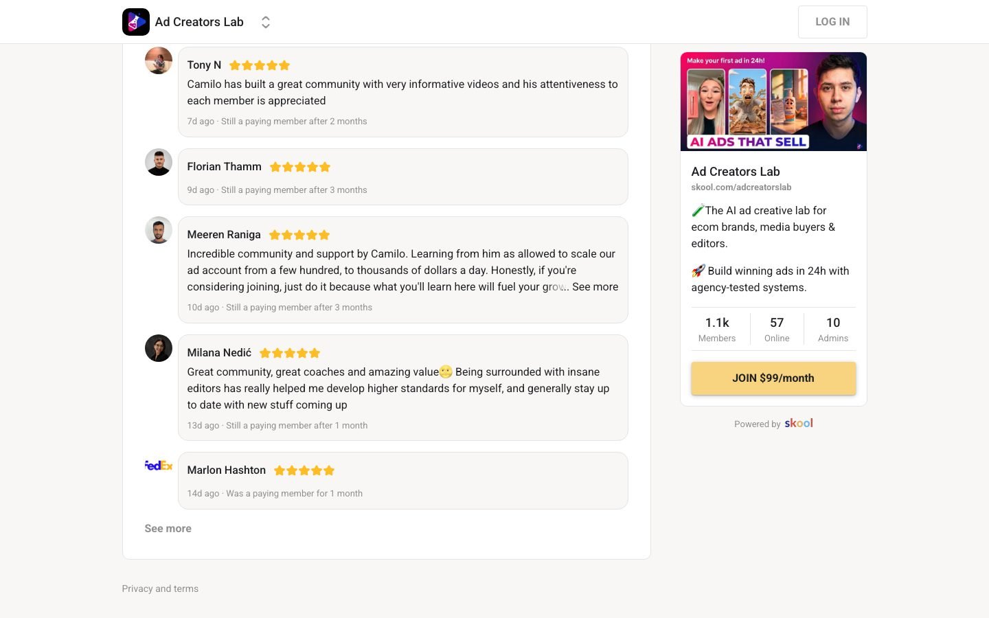 Ad Creators Lab community detail showing current member count and online activity