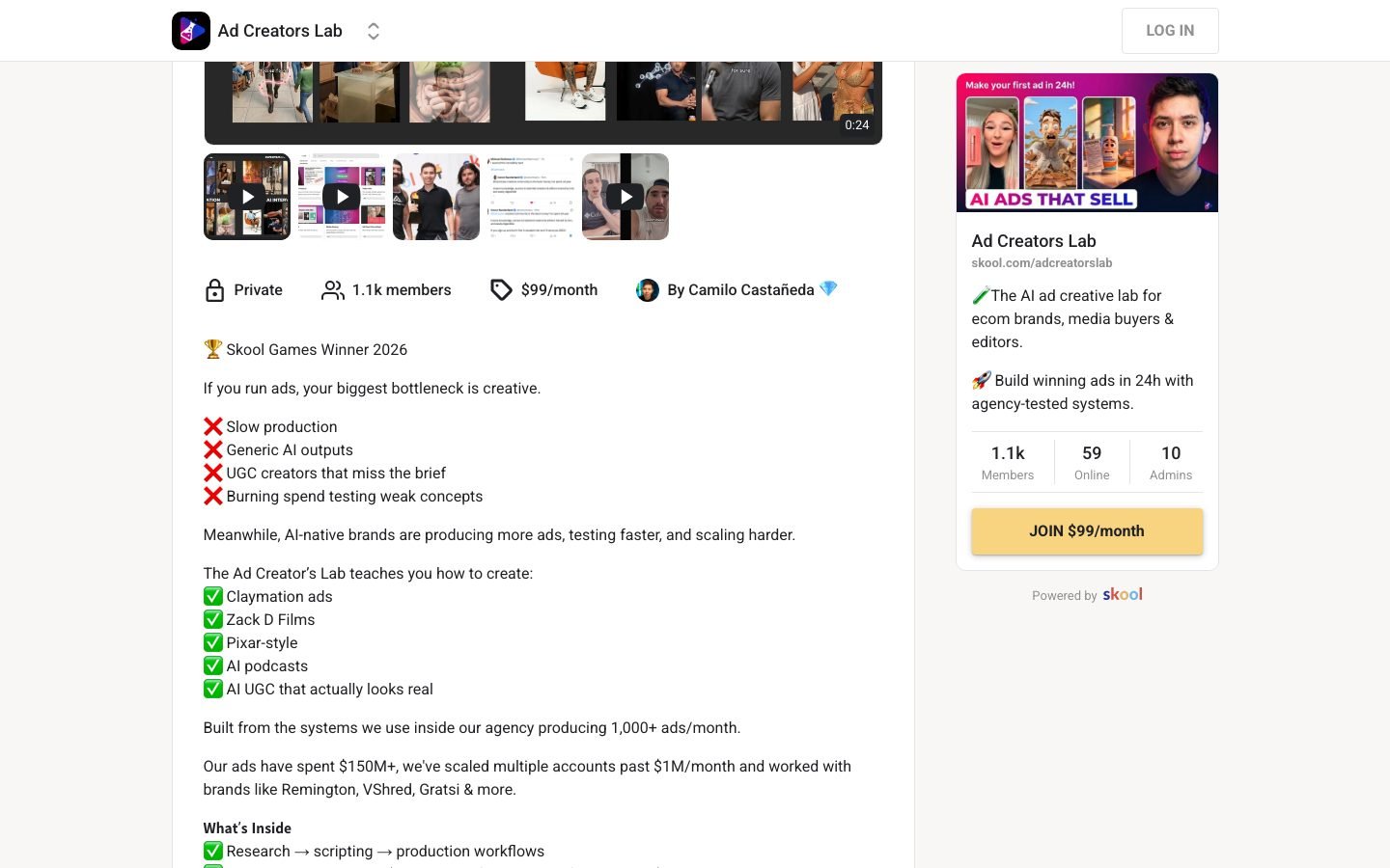 Ad Creators Lab pricing panel confirming the current $99 per month rate and Skool Games Winner 2026 badge