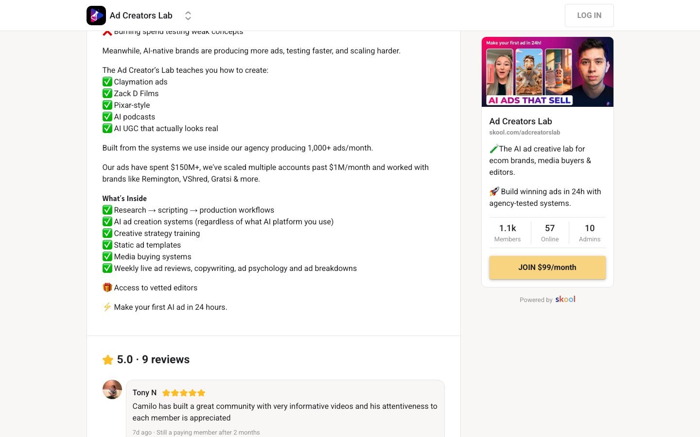 Ad Creators Lab what-you-get section listing the weekly live roasts and AI prompt libraries