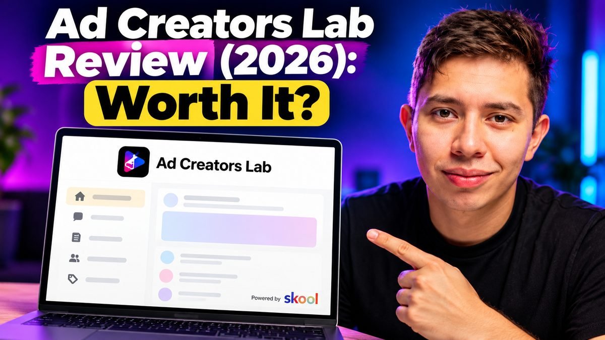 Camilo Castañeda next to the Ad Creators Lab Skool community page on a laptop