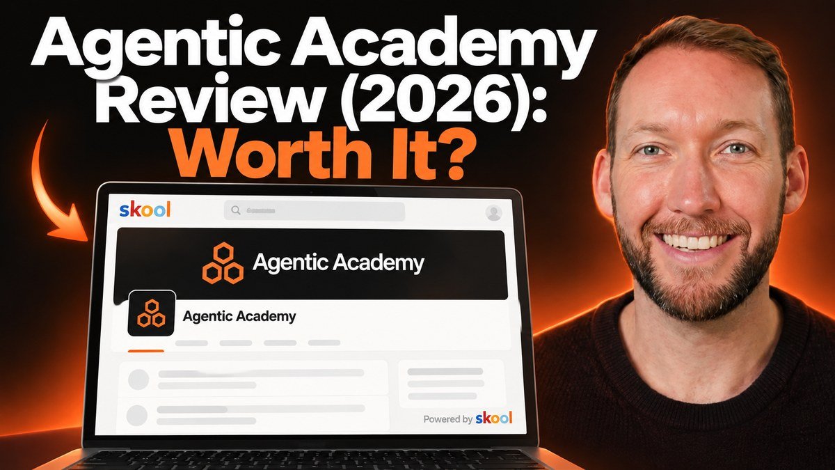 Simon Scrapes next to the Agentic Academy Skool community page on a laptop