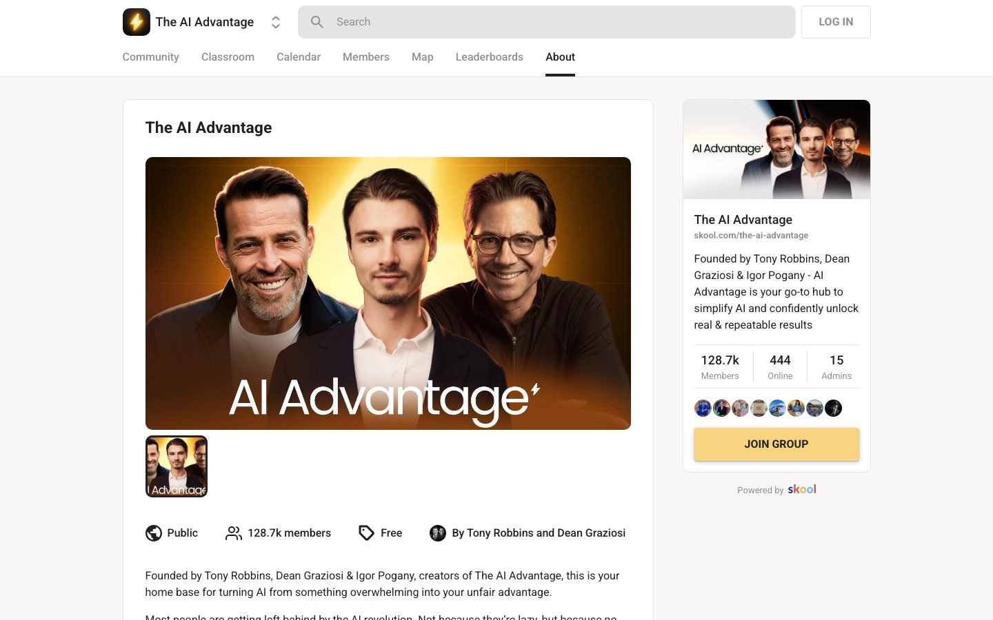 The AI Advantage Skool page showing 128.7k members and free public access under Tony Robbins and Dean Graziosi