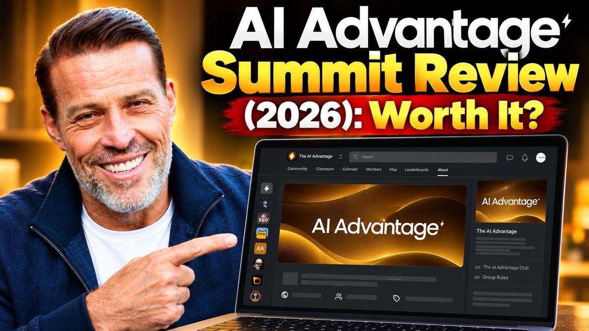 Tony Robbins with the AI Advantage Summit page on a laptop
