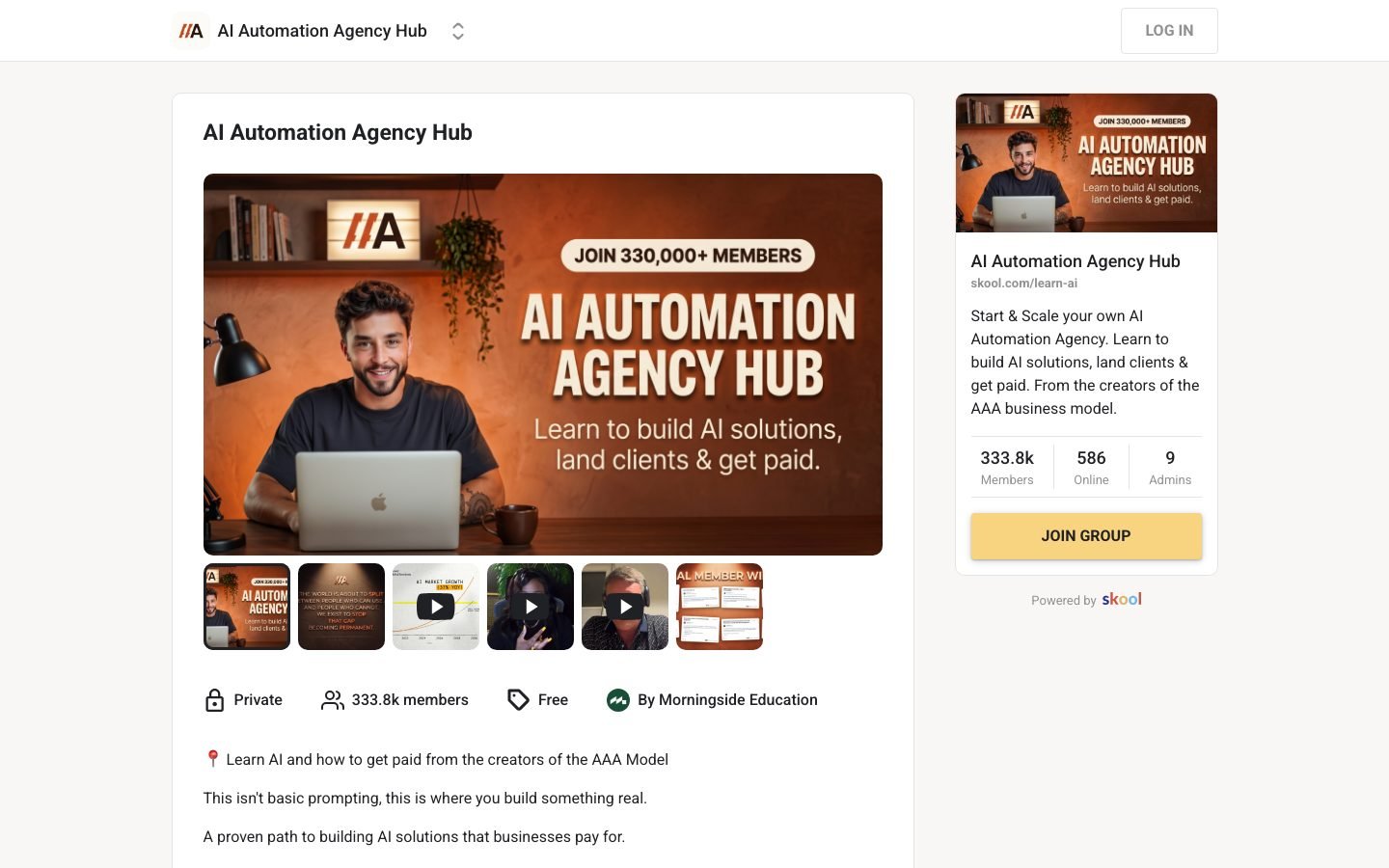 AI Automation Agency Hub Skool page showing 333.8k members and free access