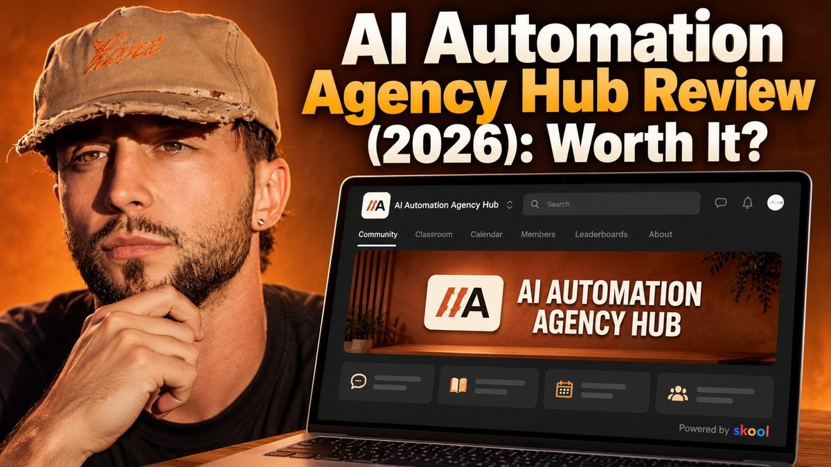 Liam Ottley with the AI Automation Agency Hub page on a laptop