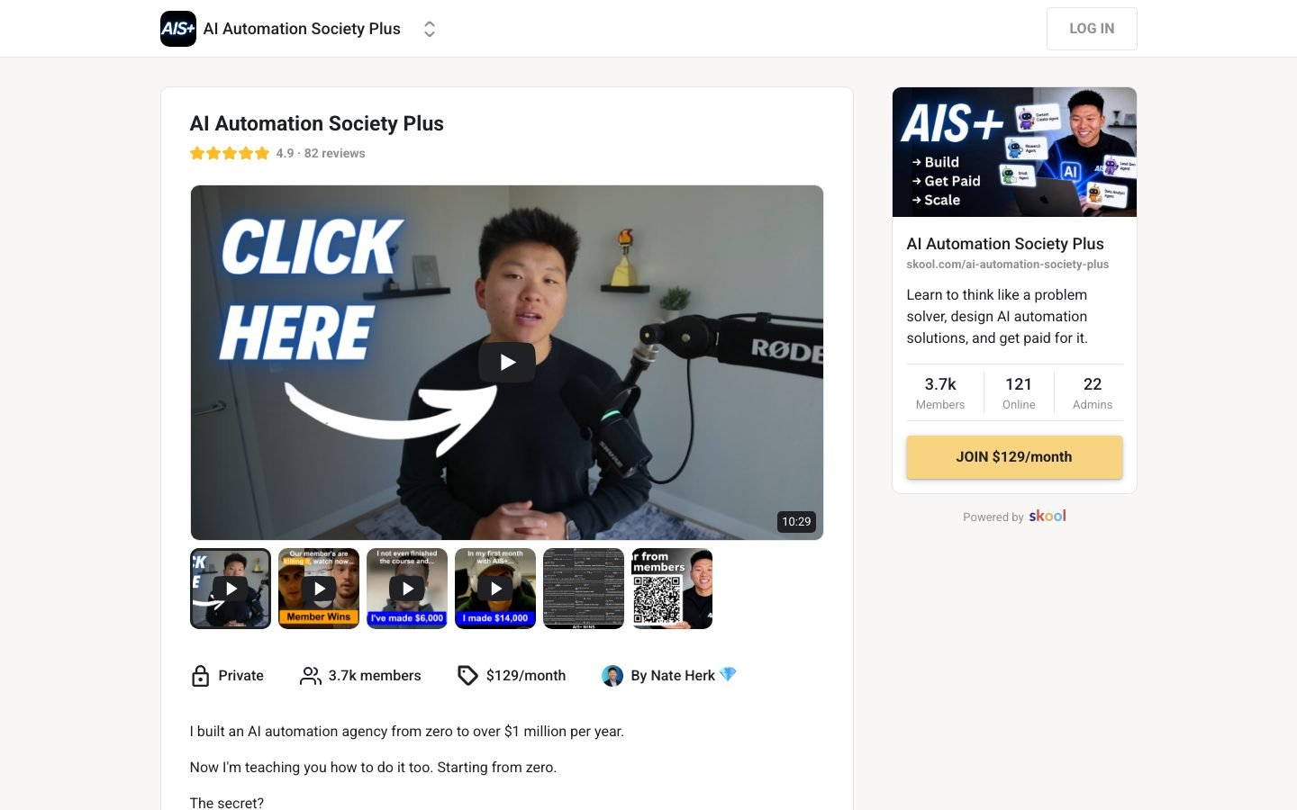 AI Automation Society Plus Skool page showing 3.7k members at $129 per month with a 4.9 rating from 82 reviews