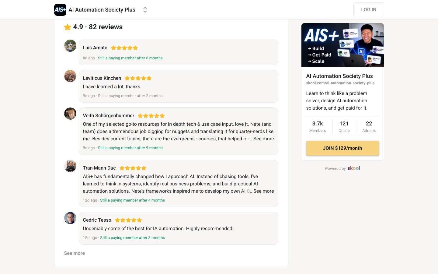 AI Automation Society Plus what-you-get section listing the included automation training