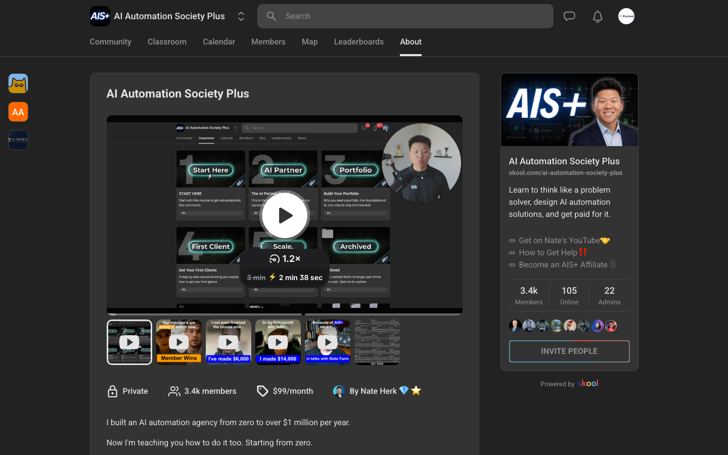 AI Automation Society Plus Skool community — 3.5k members, $99/month, by Nate Herk