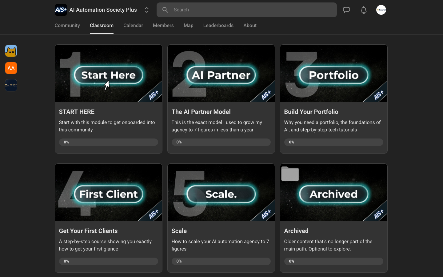 AI Automation Society Plus classroom — all 6 courses: Start Here, Agent Zero, 10 Hours to 10 Seconds, n8n Masterclass, One Person AI Agency, Get Clients from YouTube