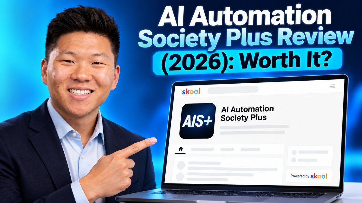 Nate Herk next to the AI Automation Society Plus Skool community page on a laptop