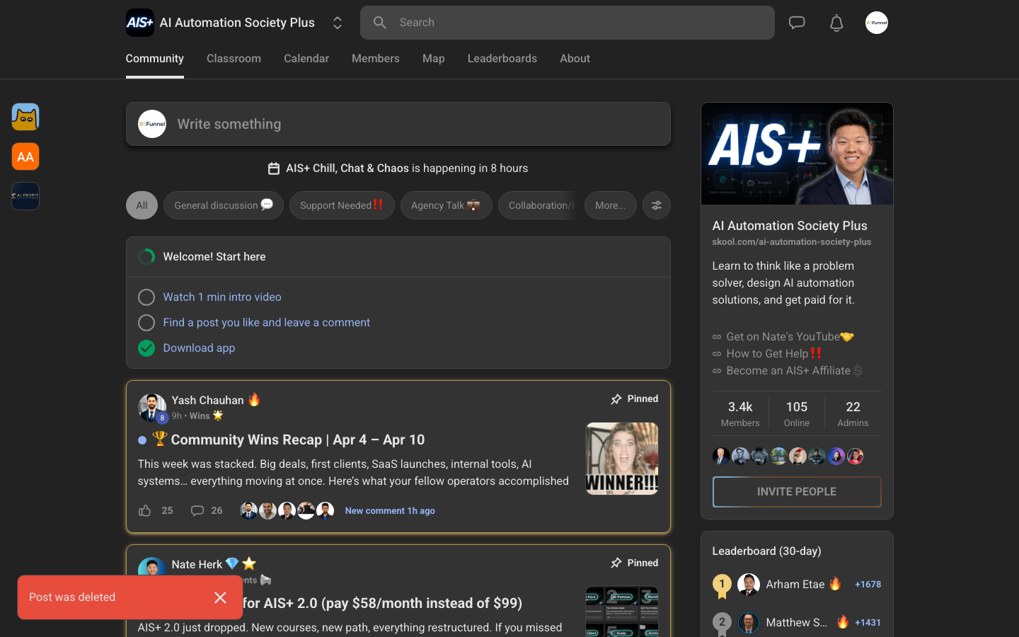 AI Automation Society Plus leaderboards — gamification system showing 9 levels from AI Explorer to AI Grandmaster