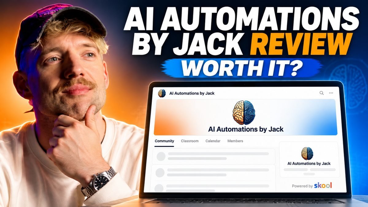 Jack Roberts next to the AI Automations by Jack Skool community page on a laptop