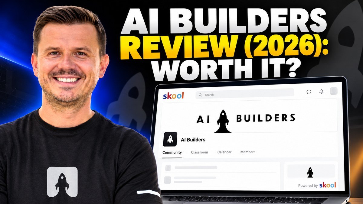 Marcin Teodoru next to the AI Builders Skool community page on a laptop