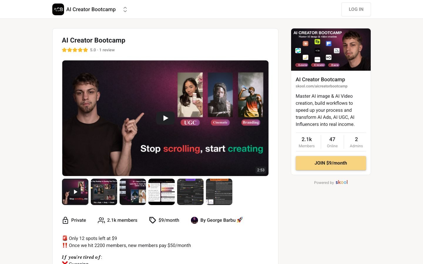 AI Creator Bootcamp Skool page showing 2.1k members at $9 per month under founder George Barbu