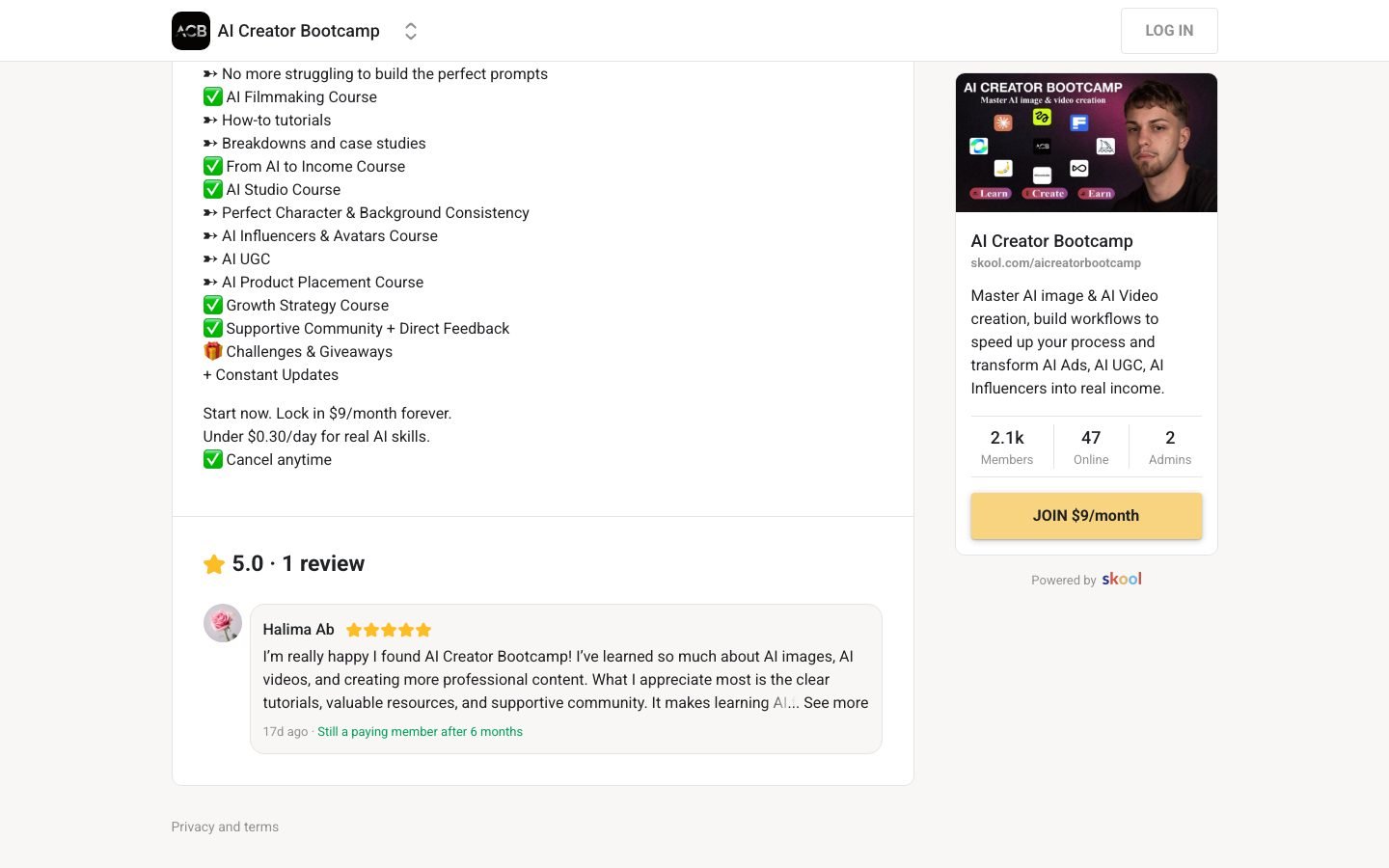 AI Creator Bootcamp pricing detail showing the limited $9 spots before the increase