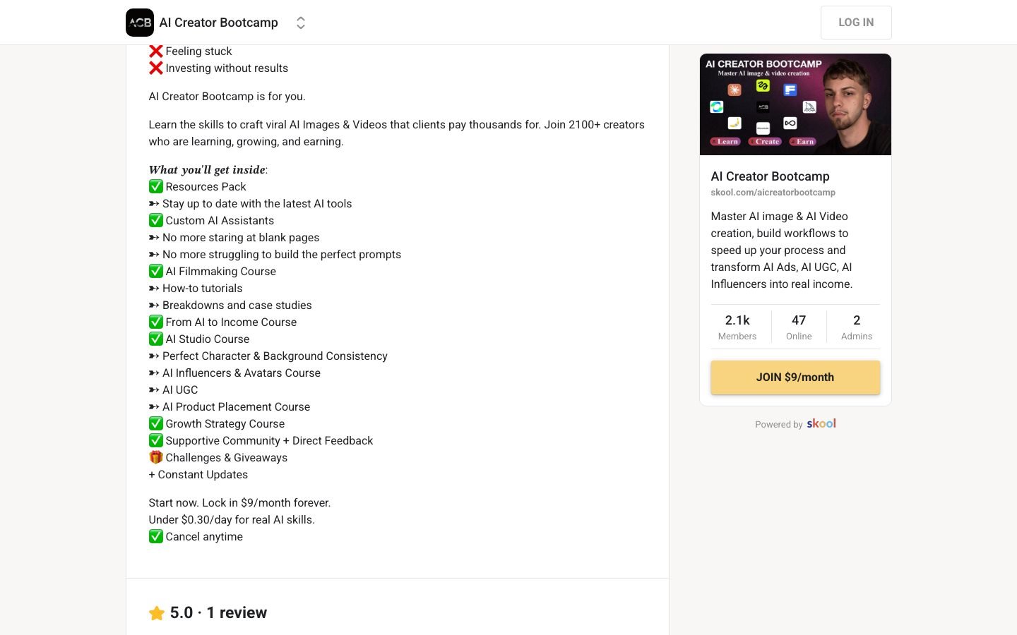 AI Creator Bootcamp what-you-get section listing the included creator training