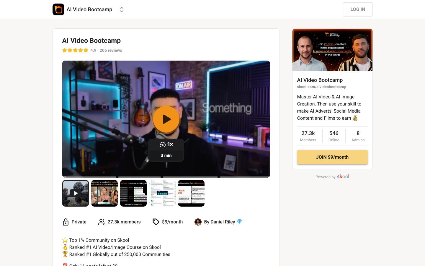 AI Video Bootcamp Skool page shown as the main alternative to AI Creator Bootcamp