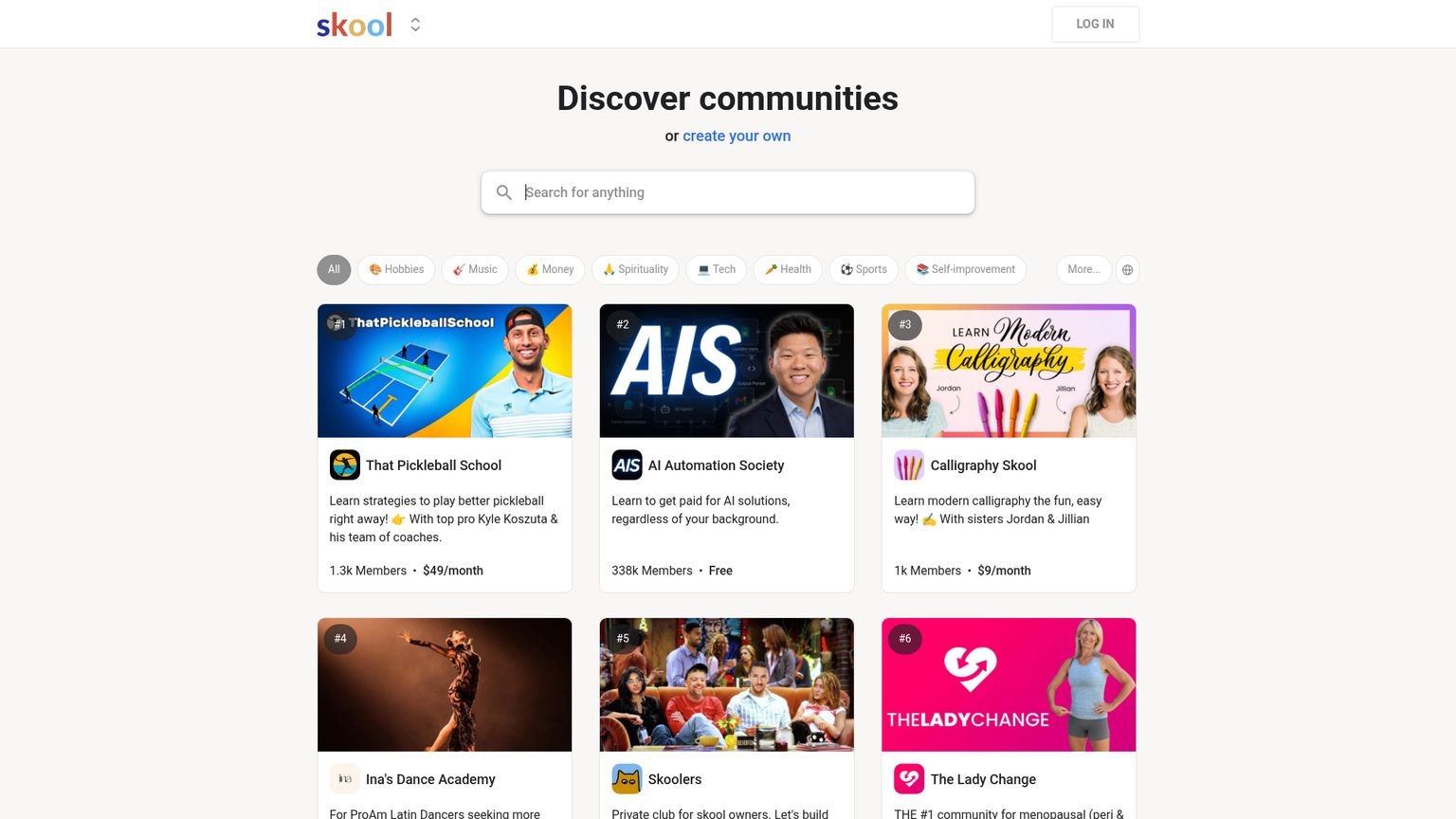 Skool homepage showing community discovery and pricing options for paid communities