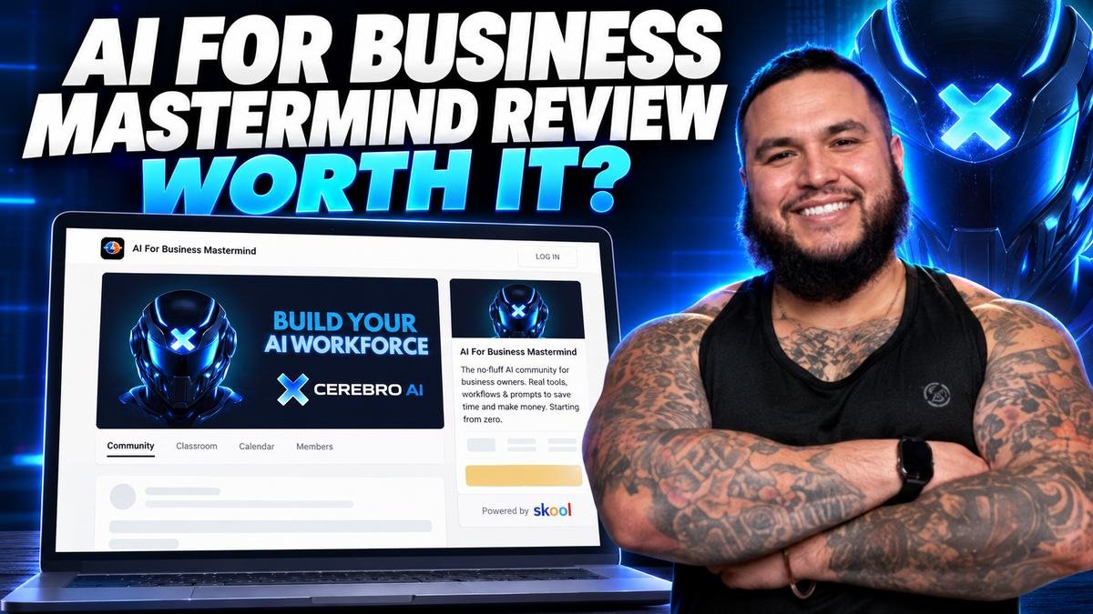Quentin Flores next to the AI For Business Mastermind Skool community page on a laptop
