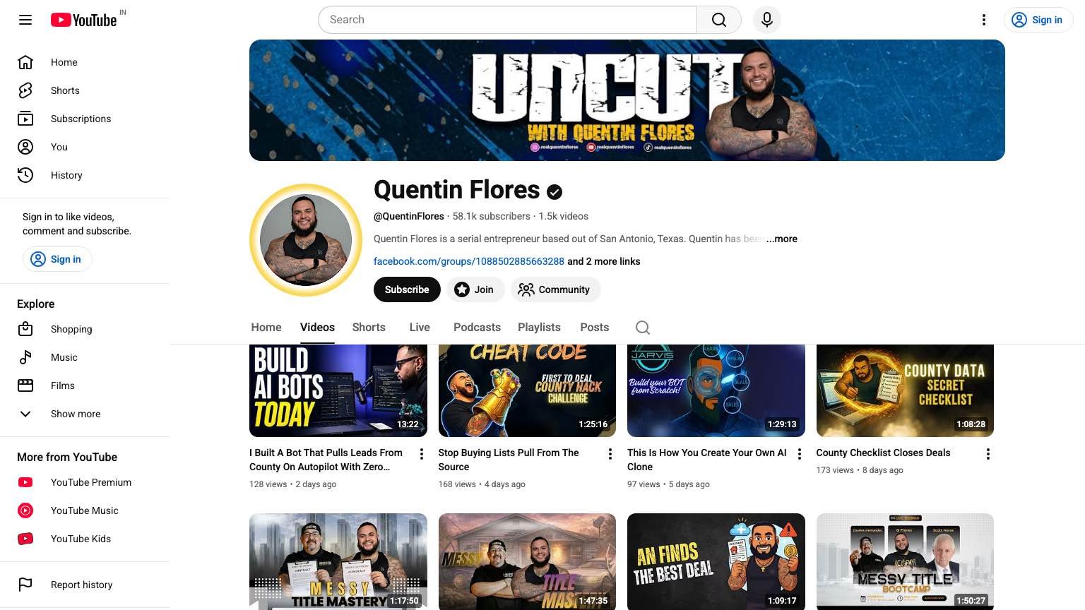 Quentin Flores YouTube channel showing multi-year content history on entrepreneurship and AI