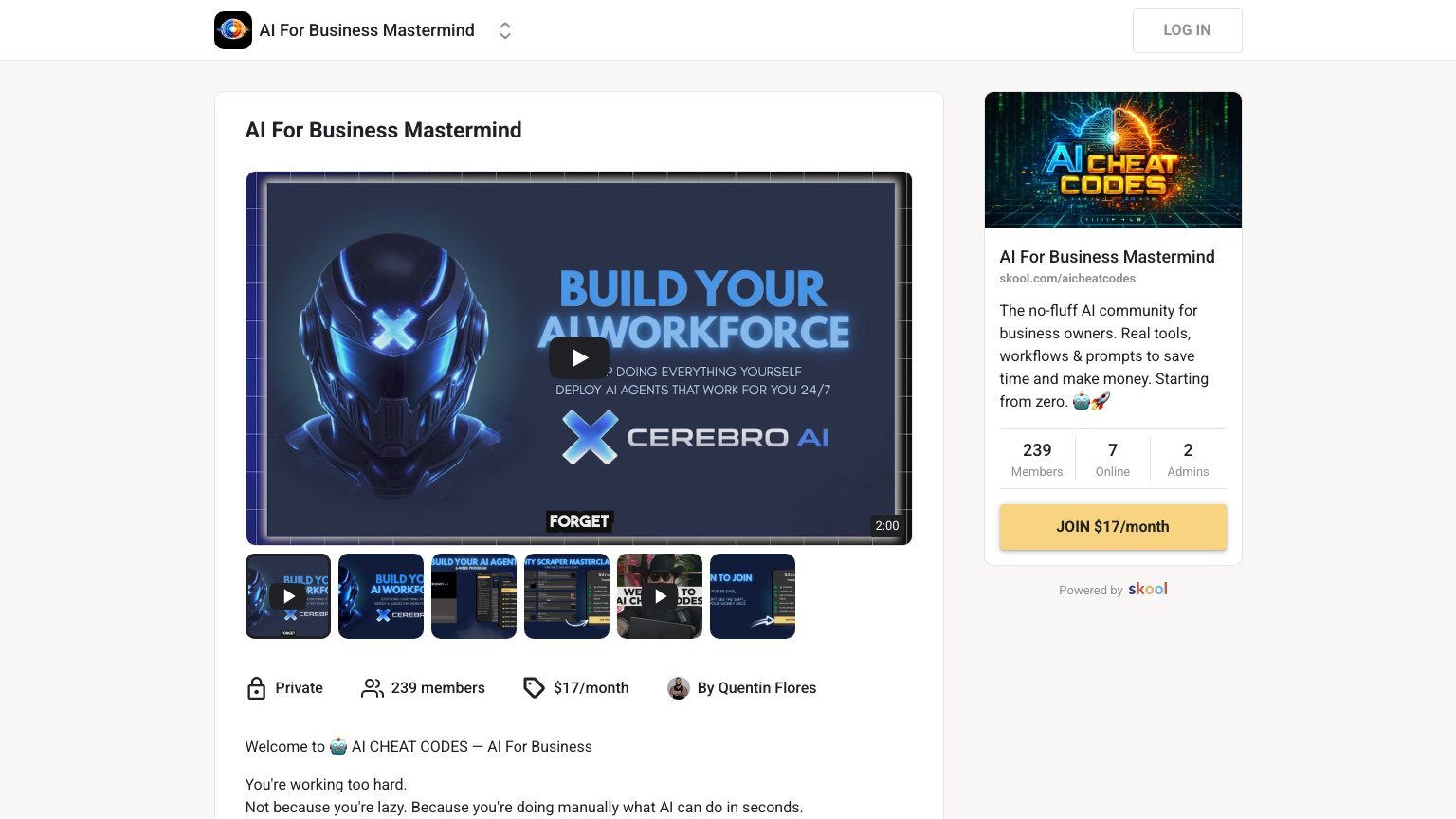 AI For Business Mastermind Skool listing page showing pricing and member count