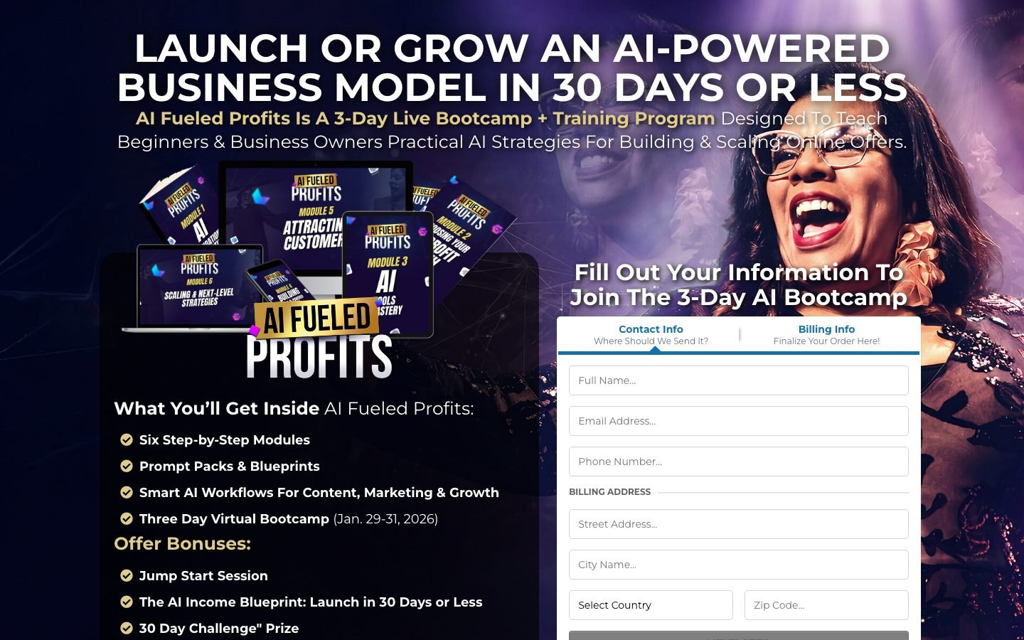 AI Fueled Profits sales page showing the programme positioning and headline promise