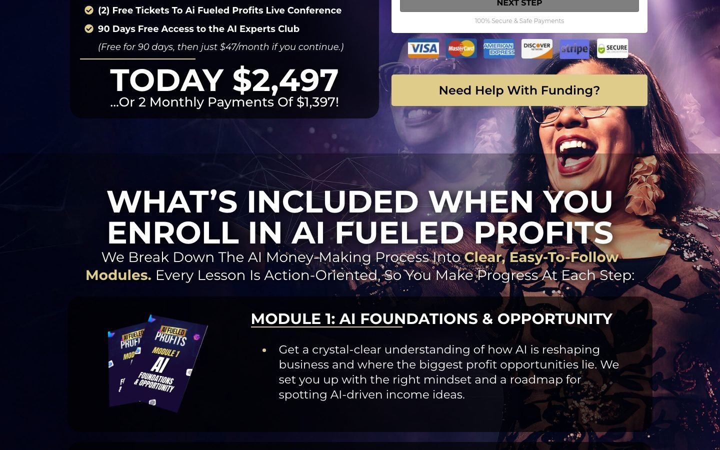 AI Fueled Profits offer section listing the included modules and bonuses