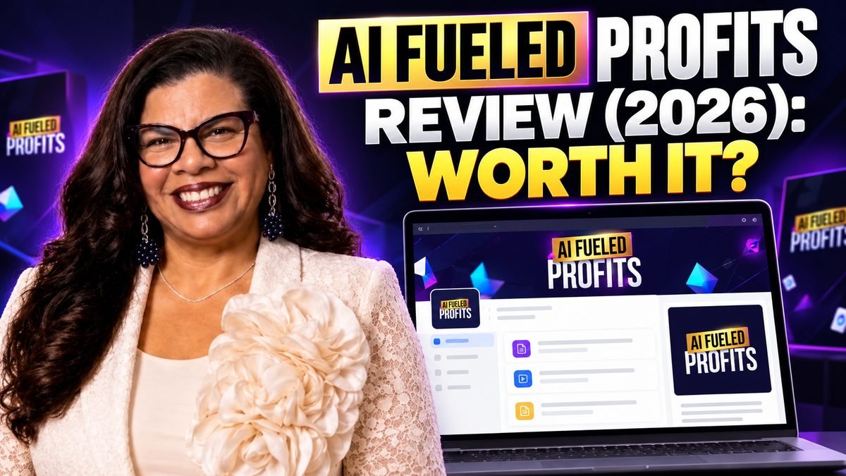 Alicia Lyttle with the AI Fueled Profits page on a laptop