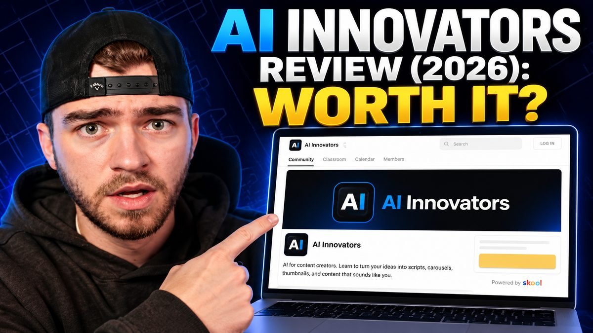 Tyler Germain next to the AI Innovators Skool community page on a laptop