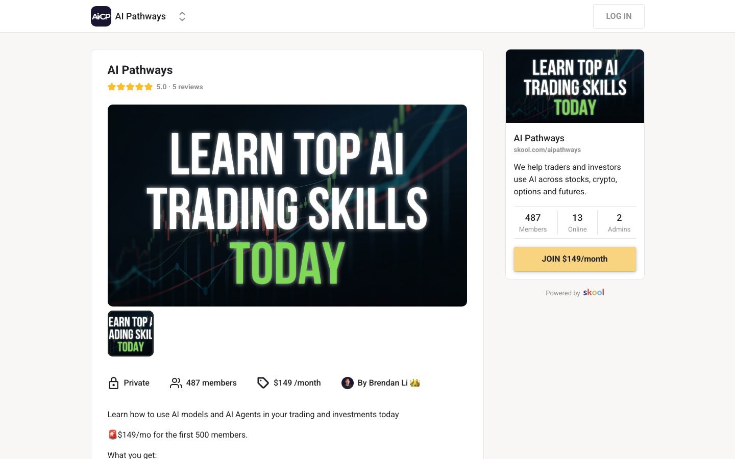 AI Pathways Skool page showing 473 members at $149 per month under founder Brendan Li