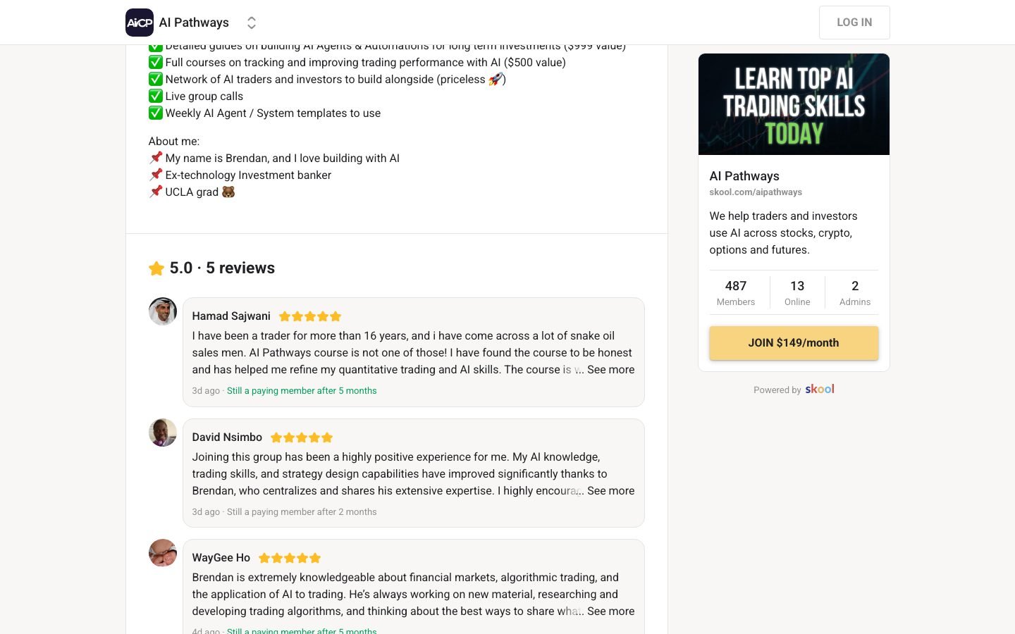 AI Pathways Skool about page showing the private community badge, 473 members and the $149 per month join button