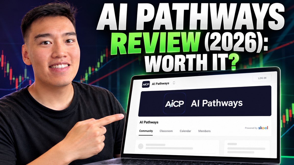 Brendan Li next to the AI Pathways Skool community page on a laptop