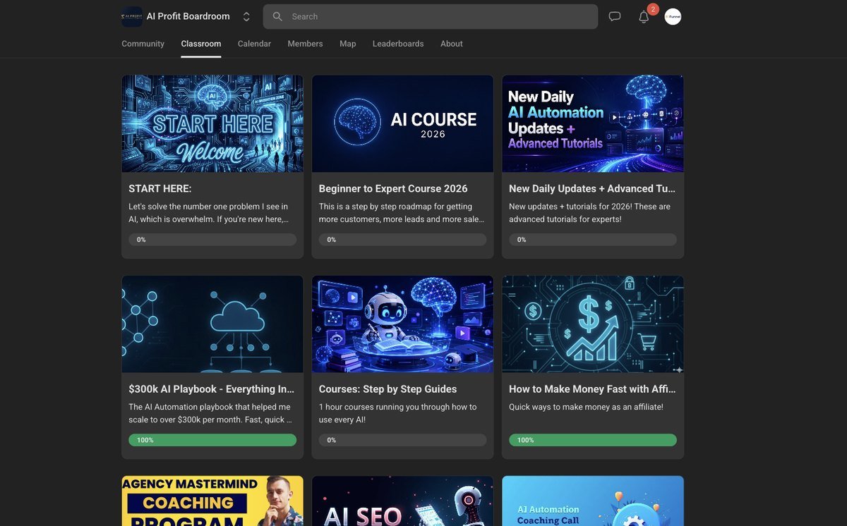 The AI Profit Boardroom classroom, 29 courses with my own progress bars