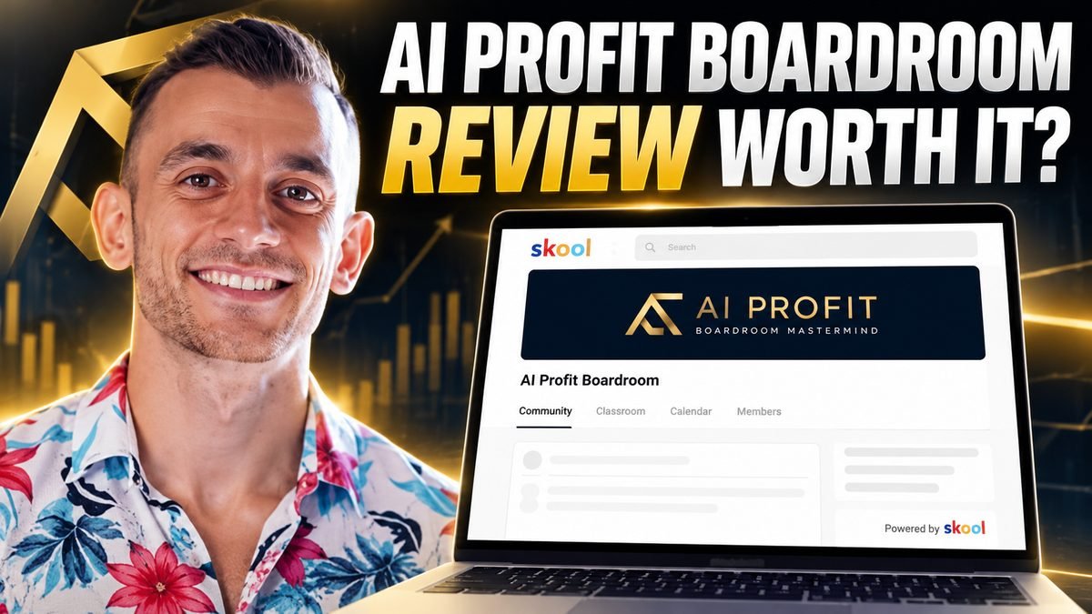 Julian Goldie next to the AI Profit Boardroom Skool community page on a laptop