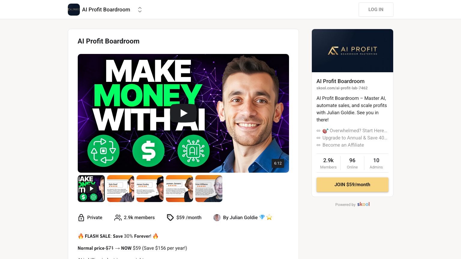AI Profit Boardroom homepage on Skool
