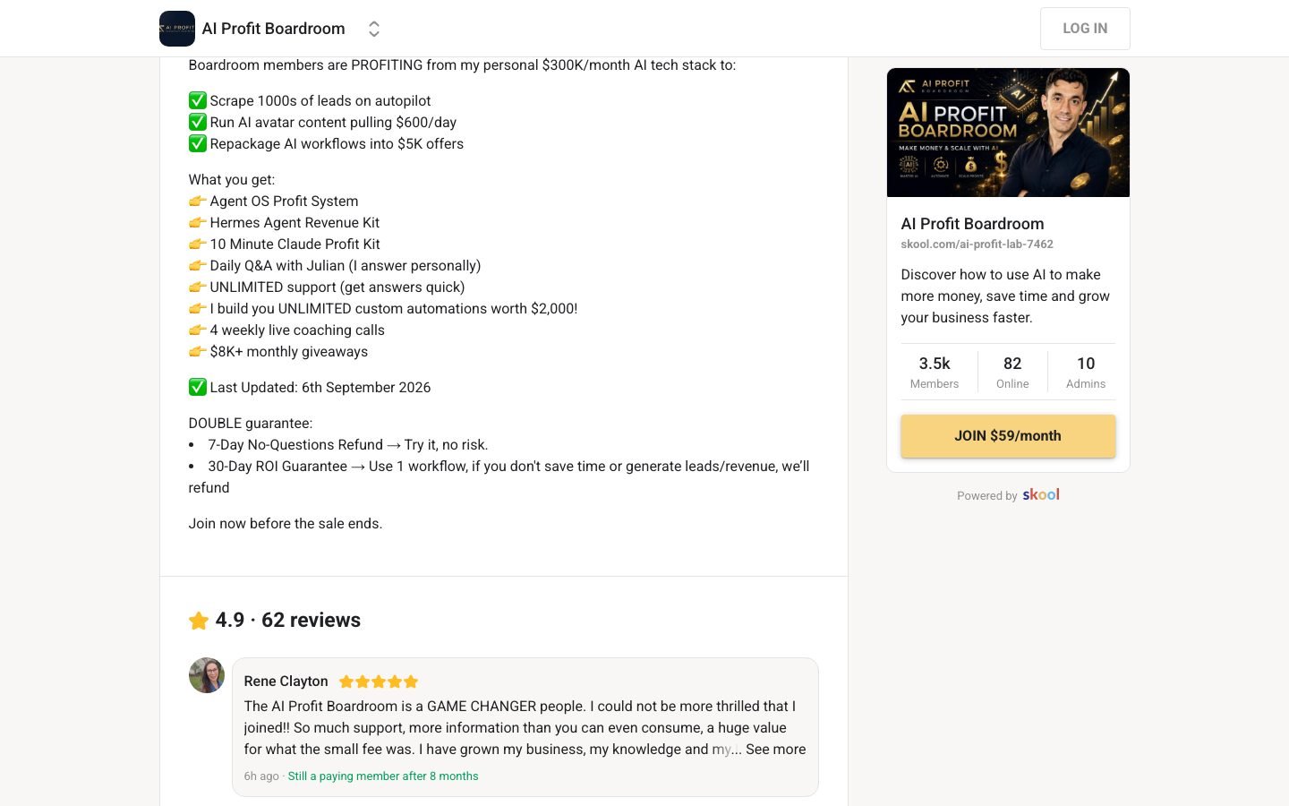 AI Profit Boardroom what-you-get section listing the n8n automation workflow library