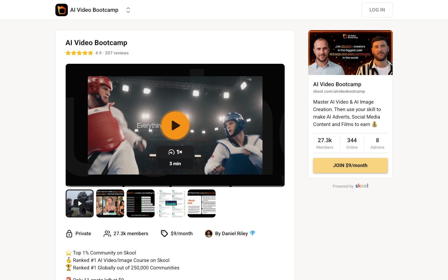 AI Video Bootcamp Skool page showing 27.3k members still at $9 per month