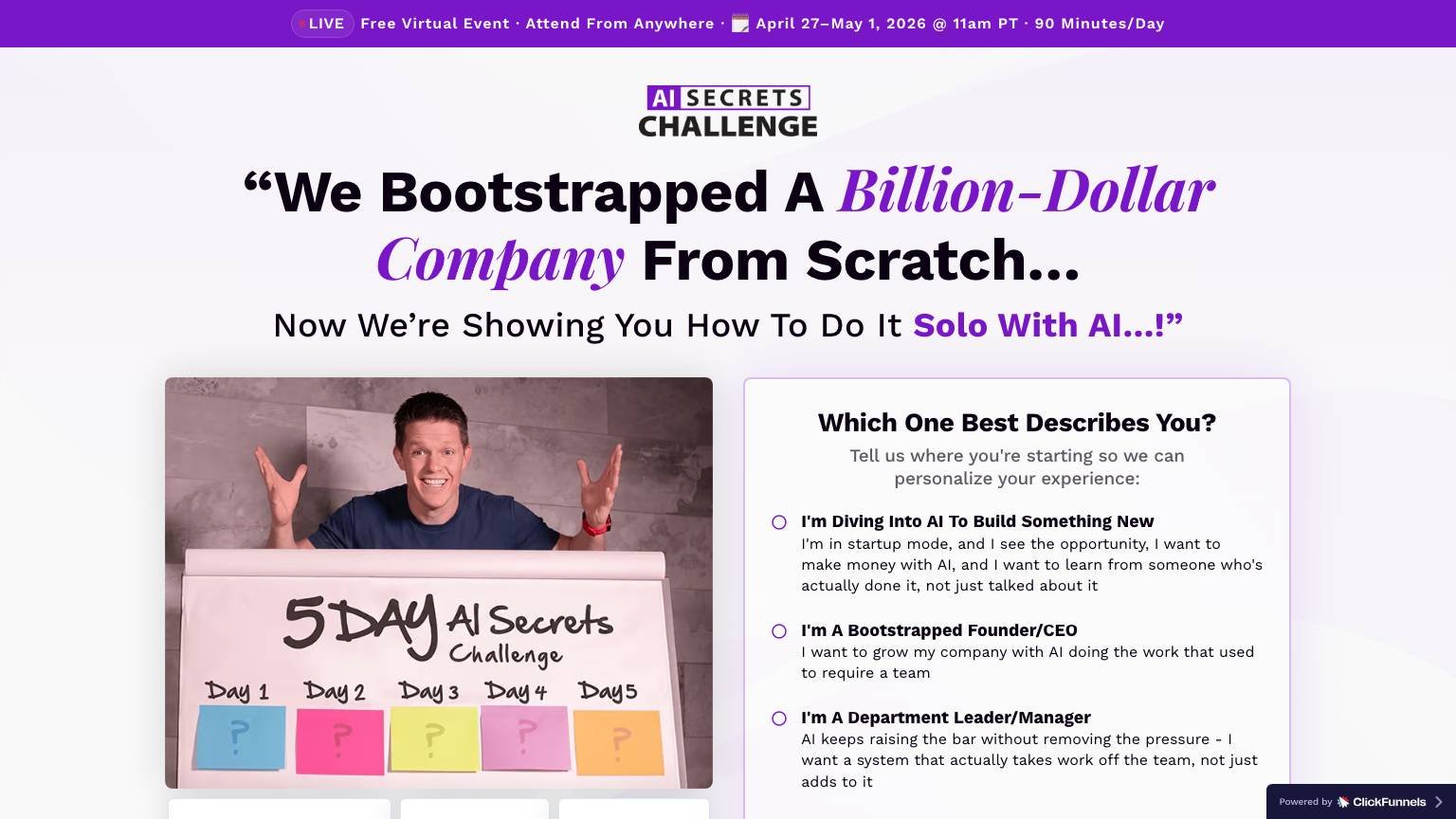 AI Secrets Challenge homepage showing free registration and April 27 start date