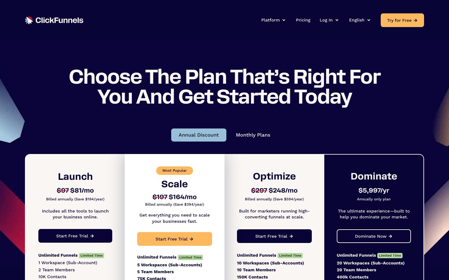 ClickFunnels pricing page showing the software costs that sit behind the challenge upsell path