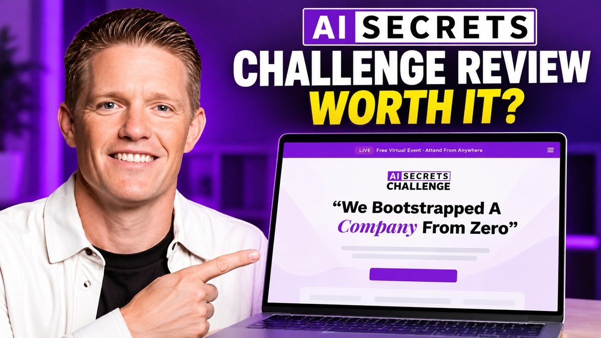 Russell Brunson with the AI Secrets Challenge page on a laptop