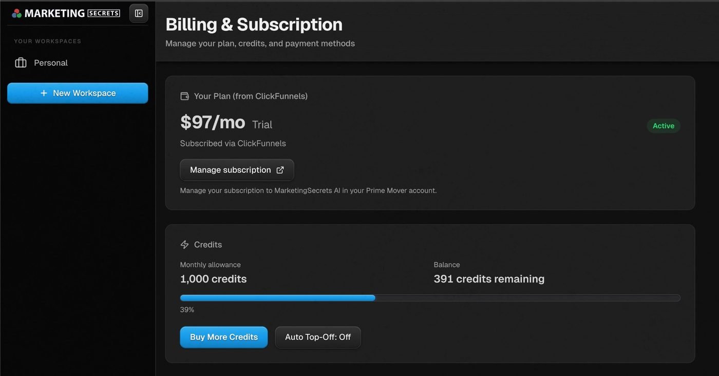 MarketingSecrets.AI billing screen showing the $97 a month plan on trial with 1,000 monthly credits