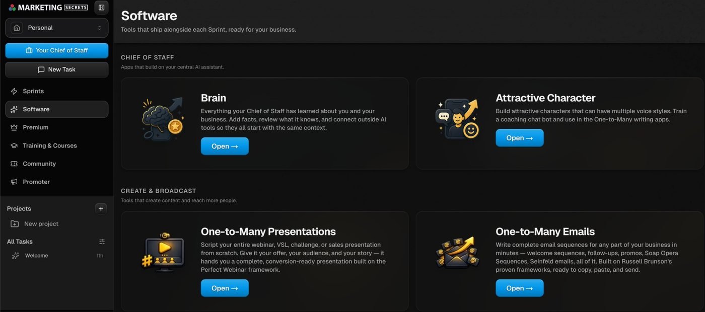MarketingSecrets.AI Software tab with the Brain, Attractive Character and One-to-Many apps