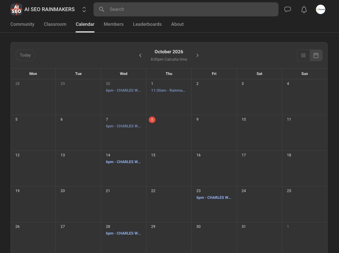 AI SEO Rainmakers calendar for October 2026 showing Charles's weekly Wednesday calls on 7, 14 and 28 October plus a Friday session on 23 October