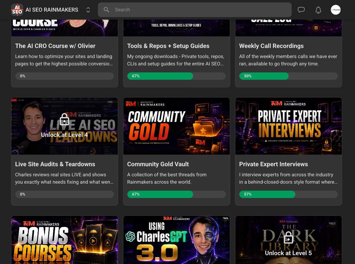 AI SEO Rainmakers classroom with Live Site Audits and Teardowns locked behind Level 4 and the Dark Library locked behind Level 5