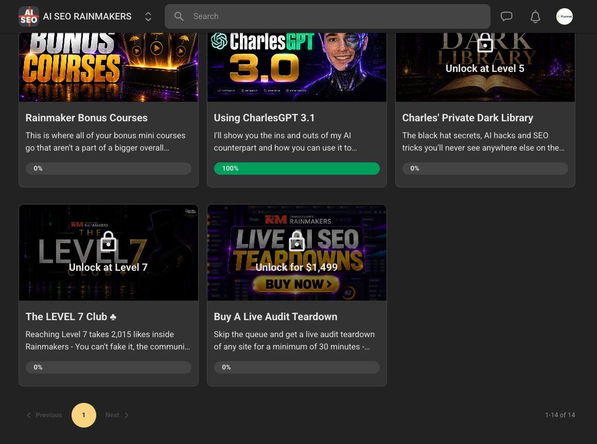 Bottom of the AI SEO Rainmakers classroom: the Dark Library locked at Level 5, the Level 7 Club locked at Level 7, and Buy A Live Audit Teardown unlocked for $1,499