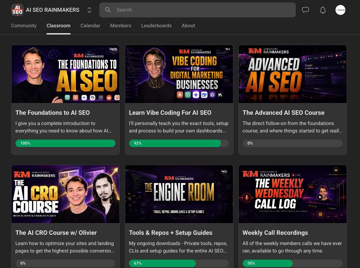 AI SEO Rainmakers classroom showing my progress: Foundations to AI SEO 100%, Learn Vibe Coding 92%, Tools and Repos 67%, Weekly Call Recordings 50%