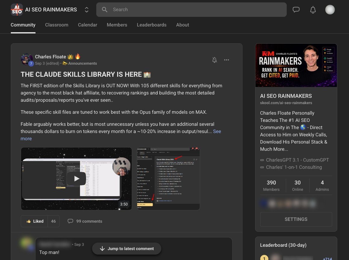 Charles Floate's announcement post in AI SEO Rainmakers: The Claude Skills Library is here, with 105 skill files