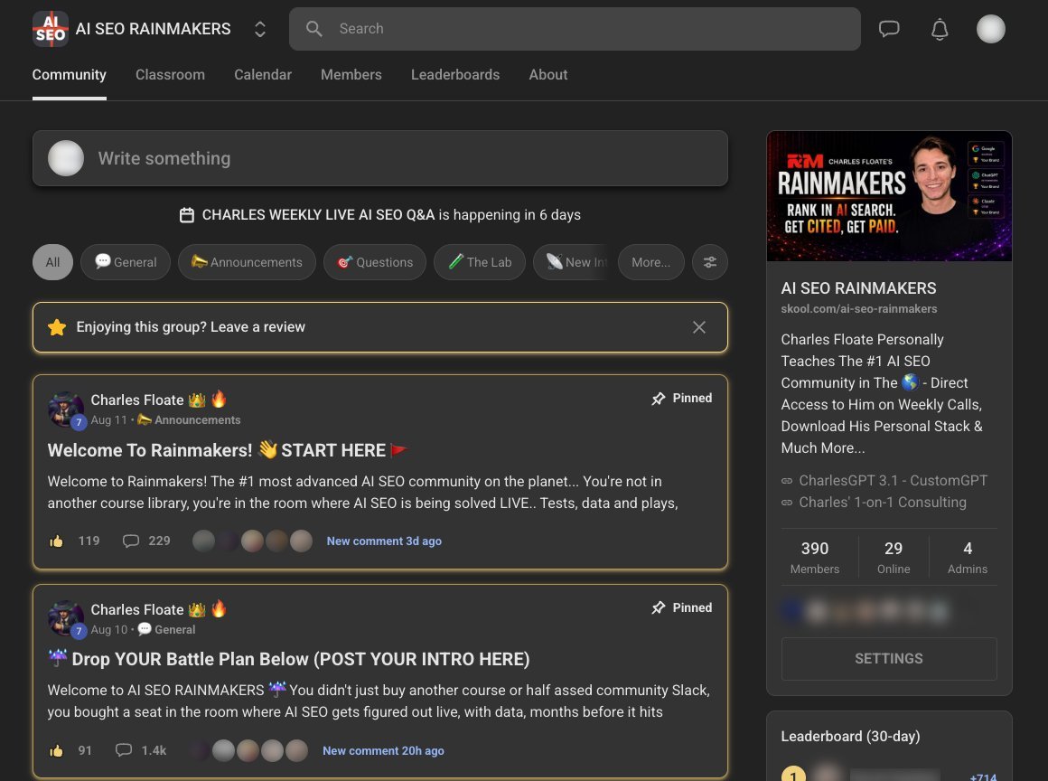 AI SEO Rainmakers community feed with Charles Floate's pinned Welcome and Battle Plan posts and a banner for the weekly live AI SEO Q&A