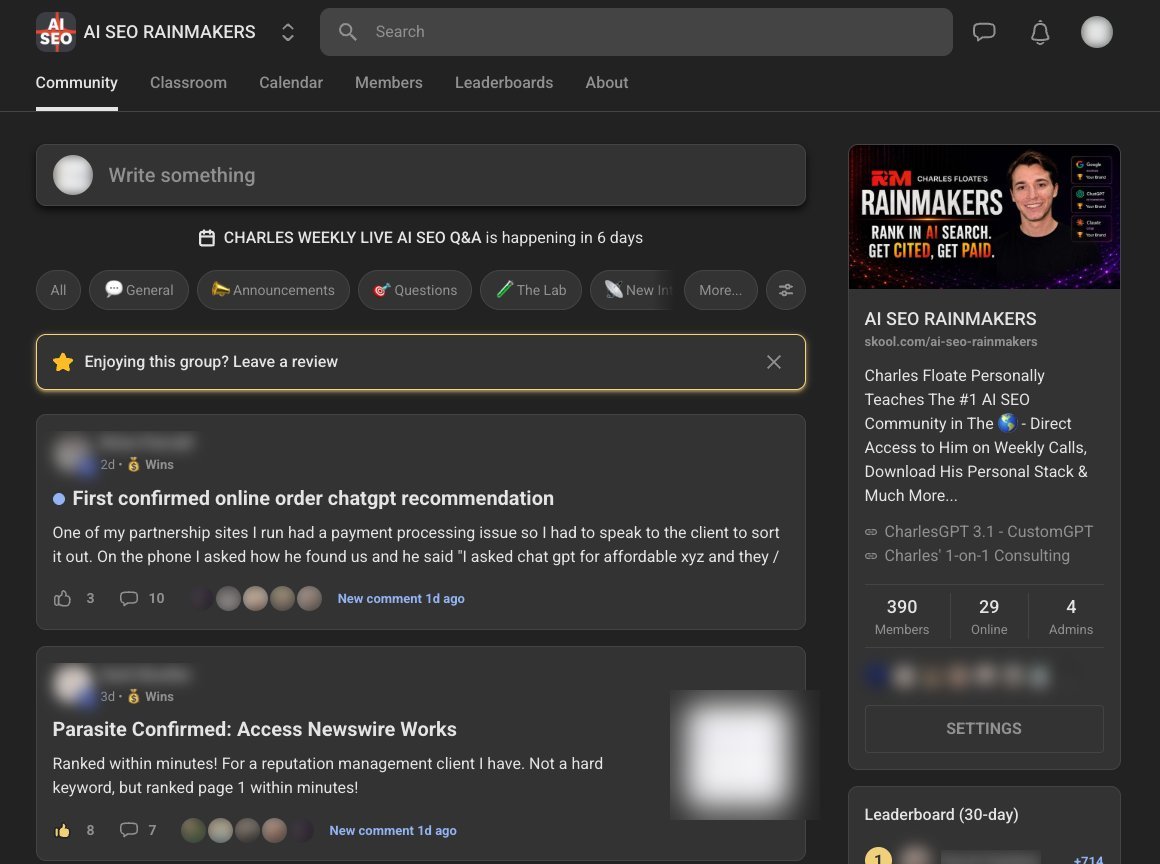 AI SEO Rainmakers community feed filtered to the Wins category, with member names blurred